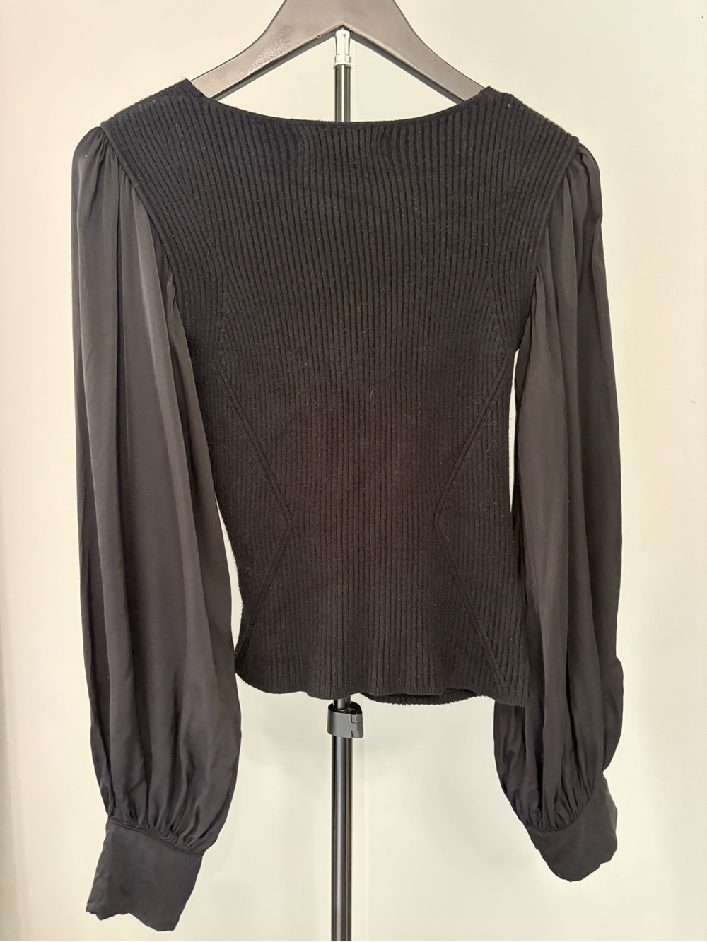 Anthropologie Mixed Media Ribbed Wrap Top Black Bishop Sleeve Poetcore Blouse XS - Picture 3 of 7